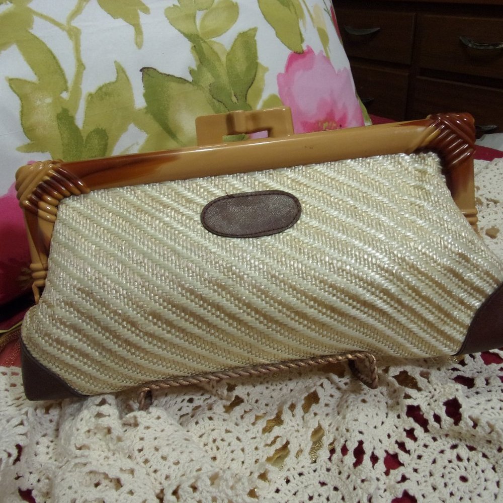 Rare Woven Clutch with Bakelite Tortoise Design Frame NWOT